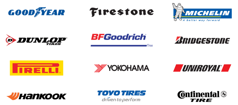 The image displays a collection of logos from prominent tire manufacturers, arranged against a white background. The logos include Goodyear, Firestone, Michelin, BF Goodrich, Bridgestone, Pirelli, Yokohama, Uniroyal, and Toyo Tires. Each logo is distinct in its corporate color scheme and typography, representing the brand identity of each tire company. These are used to showcase the variety of brands Juarez Tires and Breaks has in stock.
